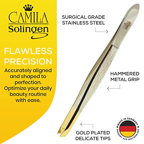 CS29 3 1/2" Gold Tipped, Surgical Grade, German Stainless Steel Tweezers (Slanted) - Flawless Eyebrow and Facial Hair Shaping and Removal for Men/Women