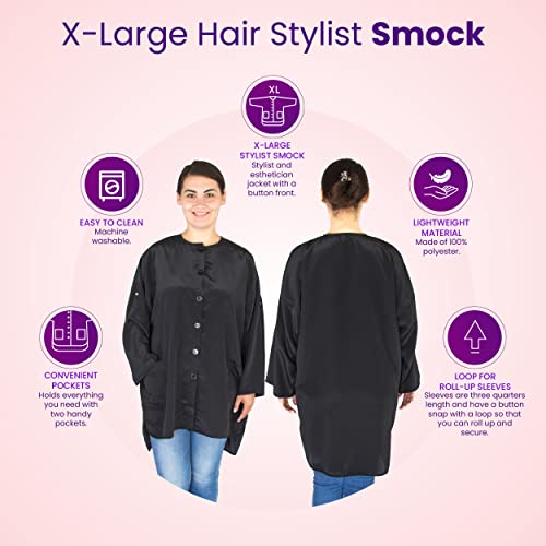 X-Large Black Hair Stylist Smock with Pockets & Roll-Up Sleeves - Salon Uniform