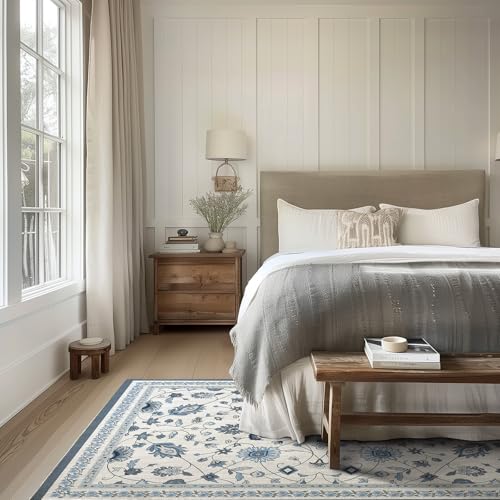 EverGrace 5x7 Porcelain Blue Floral Boho Indoor Outdoor Rug - Washable Low Pile Floor Mat for Living Room, Bedroom, Kitchen, Entryway