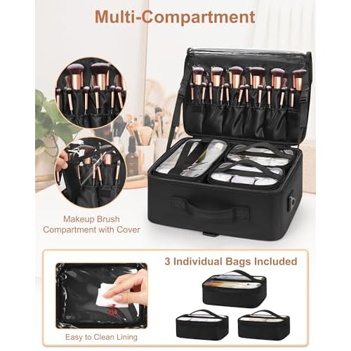 Relavel Large Makeup Bag with 3 Removable Pouches, Travel Train Case Cosmetic Organizer Carrying Box for Makeup Artists Hairstylist with Adjustable Dividers, Brush Holder and Shoulder Strap, Black
