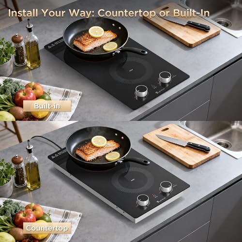 2 Burner Electric Cooktop 110V with Knob Control - 12 Inch, Dual 1800W, Safety Features
