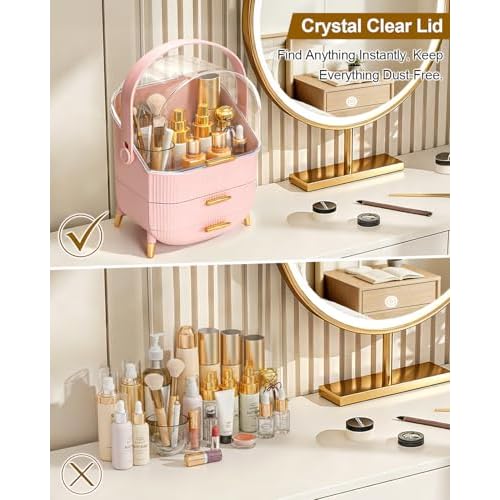 Makeup Organizer with Drawers & Lid - Portable Large Cosmetic Storage Case for Vanity Countertop, Travel, Gift for Women, Girls, 11"¡¿7"¡¿15", Pink