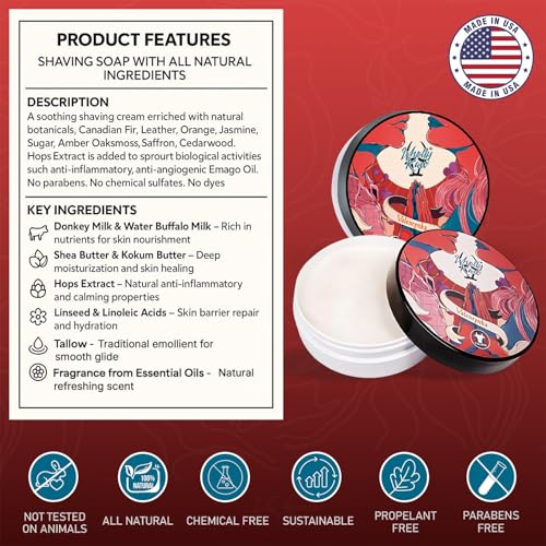 Valentynka Tallow Shaving Soap. Enriched with Donkey Milk, Water Buffalo Milk, Whey Proteins, Omega 3, Omega 6, Hops Extract. Canadian Fir, Leather, Orange, Jasmine, Sugar, Amber, Saffron, Cedarwood