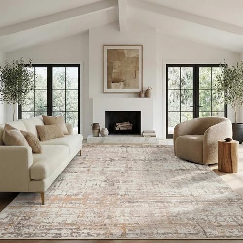 8x10 Beige Abstract Washable Area Rug - Neutral Modern Living Room Accent - Variation of Beige Grey