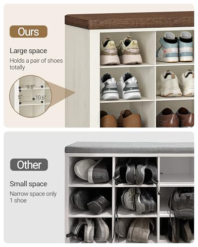 Rustic White Shoe Storage Bench with Cushion - 16 Cubby Entryway Organizer