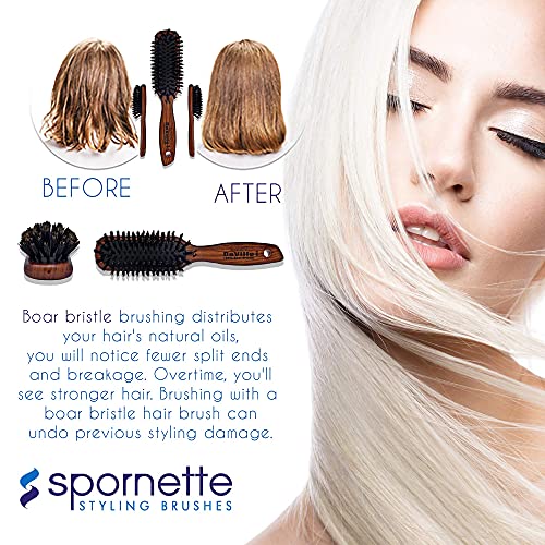 Spornette Deville Hair Brush #343 - Boar Bristle, Wooden Handle, Cushioned Smoothing Brush for Shine & Styling