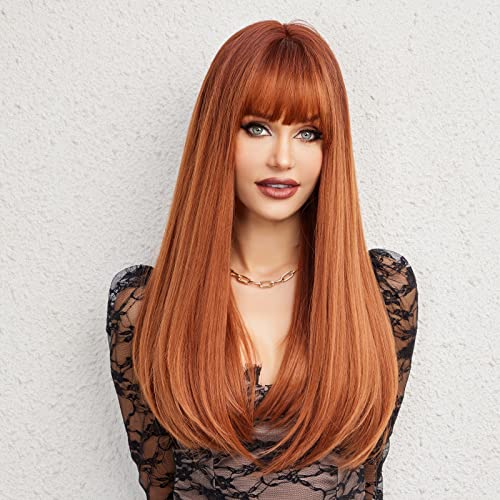 Auburn Long Straight Synthetic Wig with Bangs for Women - Heat-Resistant, Natural Look, 26 Inches