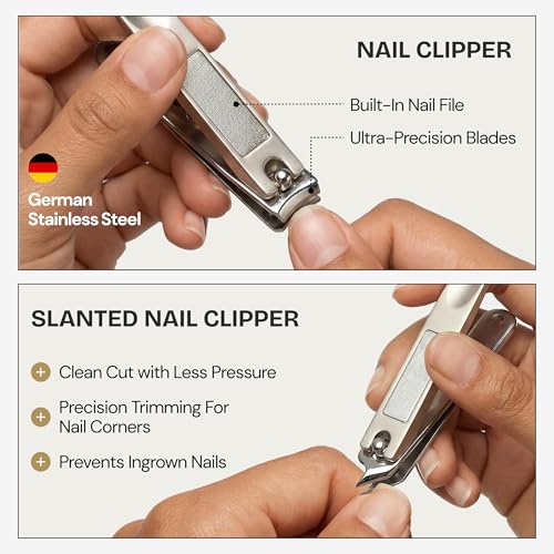 9 in 1 Professional Manicure Pedicure Set - Stainless Steel Nail Clippers, Nano File, Cuticle Nipper, Scissors, Tweezers, Travel PU Leather Case for Men & Women - Gift Idea - Brown