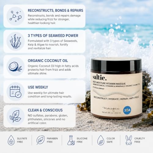 Saltie BY 30A Deep Conditioning Hair Treatment Mask with Organic Coconut Oil - Repairs Damage, Frizz Control, Moisturizes, Silicone-Free - 8oz
