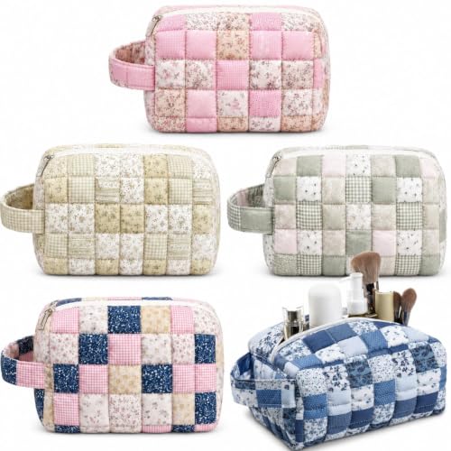 Large Quilted Makeup Bag 5 Pack with Handle Travel Cosmetic Organizer