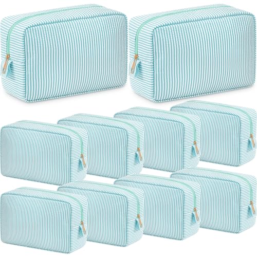 Sanwuta 10 Pcs Seersucker Cosmetic Bag Seersucker Makeup Bag Women Stripe Large Travel Toiletry Organizer Preppy Storage Pouch for Embroidery Wedding Bridesmaid Bride Mom (Mint Green)