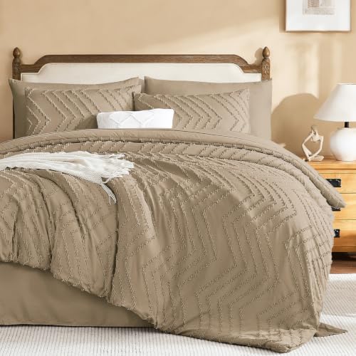 California King Comforter Set with Sheets - Taupe Boho 7-Piece Bed in a Bag, Amber Brown Variation