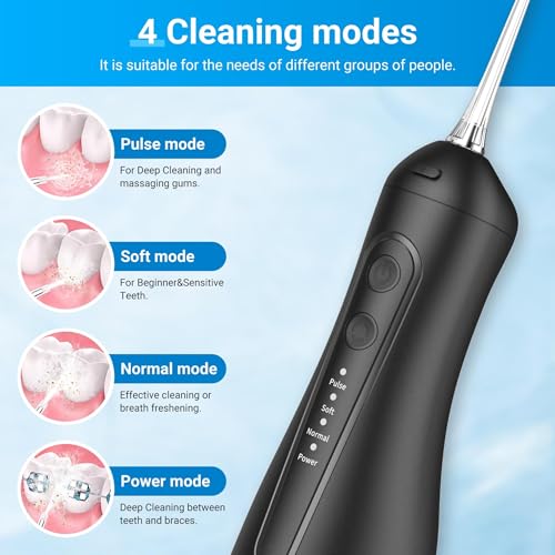R REVA Black Portable Water Flosser for Teeth 4 Modes Cordless Oral Irrigator