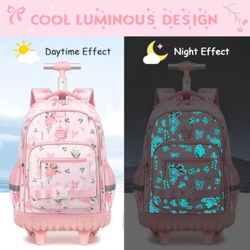 Girls Luminous Rolling Backpack with Lunch Box & Pencil Case - Flower Variation