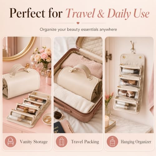 White Expandable Waterproof Makeup Bag Set with Cosmetic Pouch & Brush Holder
