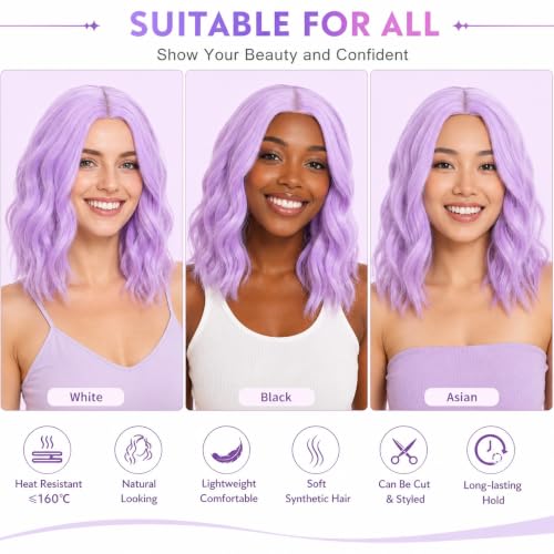 eNilecor Purple Wigs for Women Short Wavy Bob 14 Inch Middle Part Synthetic Lilac Neon Wig for Cosplay & Party - Lavender Purple