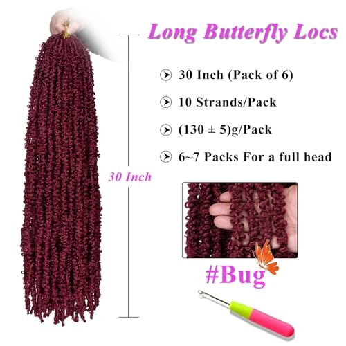 Pre-Looped Butterfly Locs Crochet Hair 30 Inch - Burgundy, Pack of 6 - Lightweight & Natural
