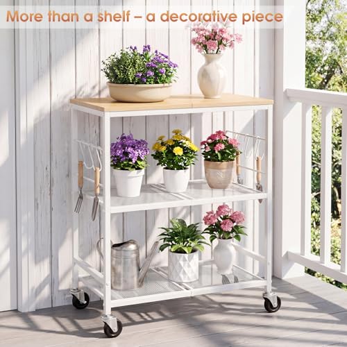 White 3-Tier Rolling Kitchen Cart with Lockable Wheels & 6 Hooks