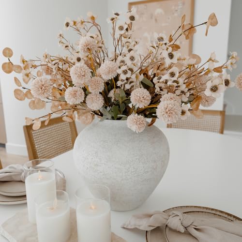 White Large Round Vase for Flowers - 11 Inch Rustic Textured Modern Farmhouse Decor