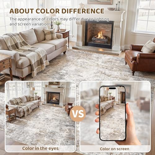 7x9 Area Rug - Washable Neutral Abstract Living Room Carpet - Brown Grey