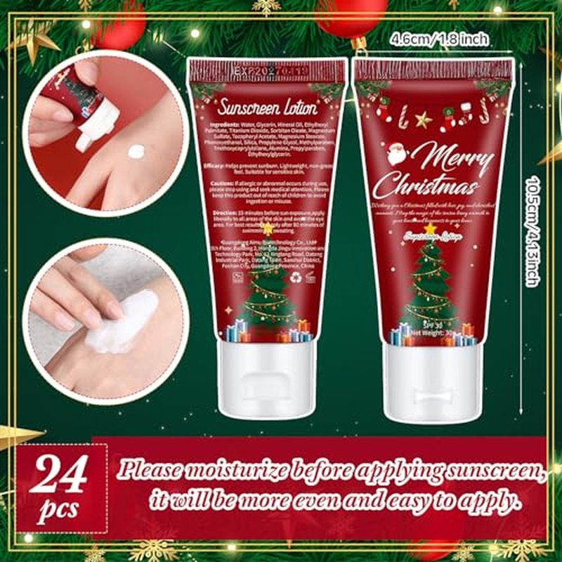 24 Pcs Mini Sunscreen Bulk for Christmas Party SPF 30 Water Resistant Sunscreen Lotion Bulk 1oz Travel Size for Thank You Gifts Christmas Party Supplies