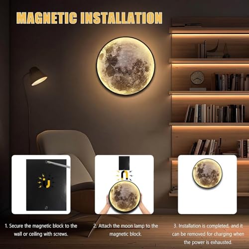 Dimmable Moon Wall Lamp - Rechargeable Battery Operated Indoor Night Light with Remote - 12 Inch