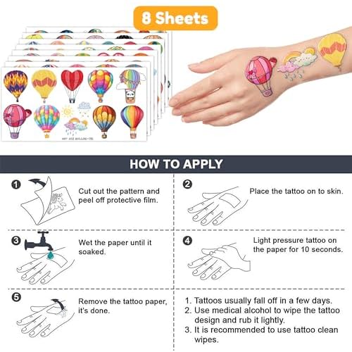 96PCS Hot Air Balloon Temporary Tattoos for Kids - Cute Birthday Party Supplies, Fun Stickers for Boys & Girls, Party Favors, School Prizes, Baby Shower Decorations
