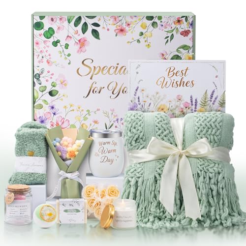 Women's Self Care Gift Set with Sage Green Blanket & Spa Items - Birthday & Get Well Gift