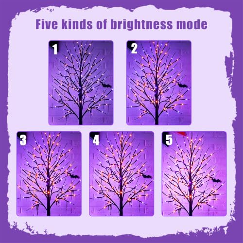 6 FT Halloween Lighted Birch Trees - 96 LED Purple & Orange Fairy Lights with Timer - Indoor Outdoor Decor