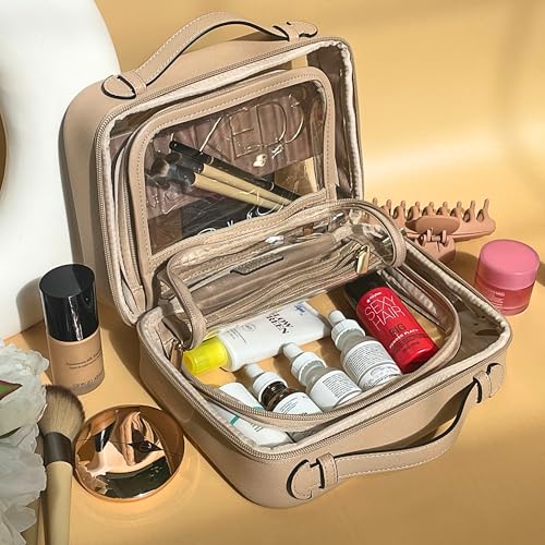 JAZD Beige Clear Makeup Bag - Large Capacity Travel Cosmetic Organizer TSA Approved