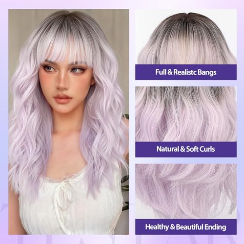 Testar Ombre Purple Wig for Women 20 Inch with Bangs Synthetic Curly Hair