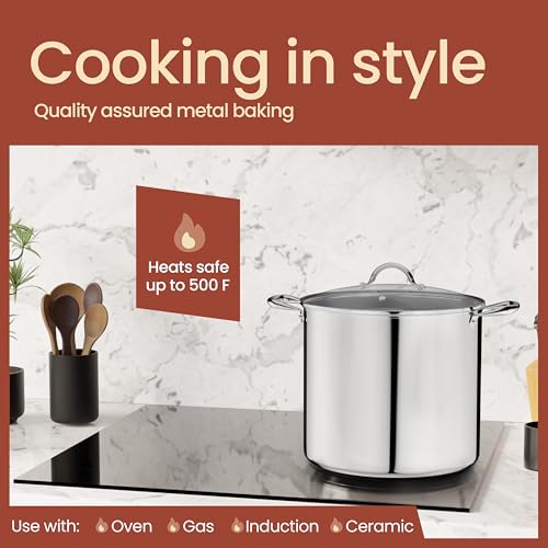 24 Quart Stainless Steel Stockpot with Tempered Glass Lid - Durable, Impact-Bonded Base