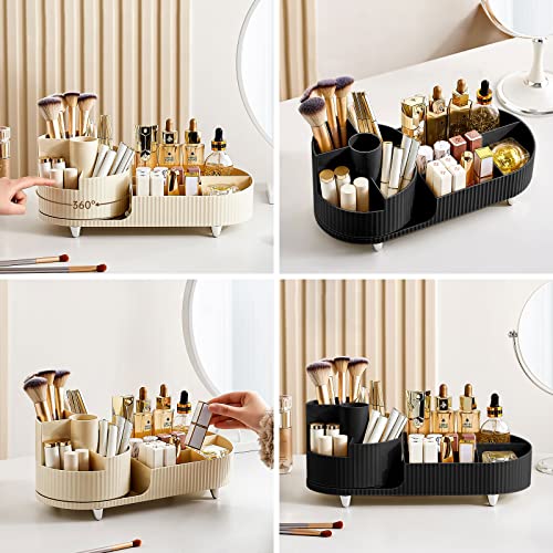 DASITON Large Capacity Makeup Brush Holder,360¡Æ Rotating Makeup Organizer,9 Slot Makeup Brushes Cup,for Vanity Decor,Bathroom Countertops,Desk Storage Container,Cosmetic Display cases(Cream-L)