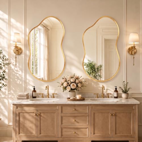 Rose Gold Bathroom Mirror for Over Sink 20x36 Inch Wall Mirror - Unique Asymmetrical Design