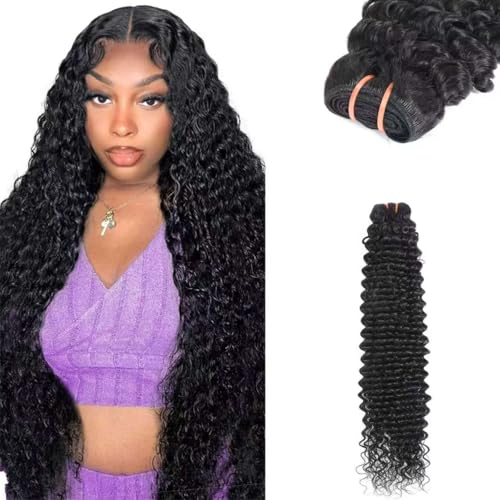 Deep Wave Human Hair Bundles - 20 Inch Wavy Curly Hair Extensions, Natural Black, Silky Soft, Long-Lasting, Full Density