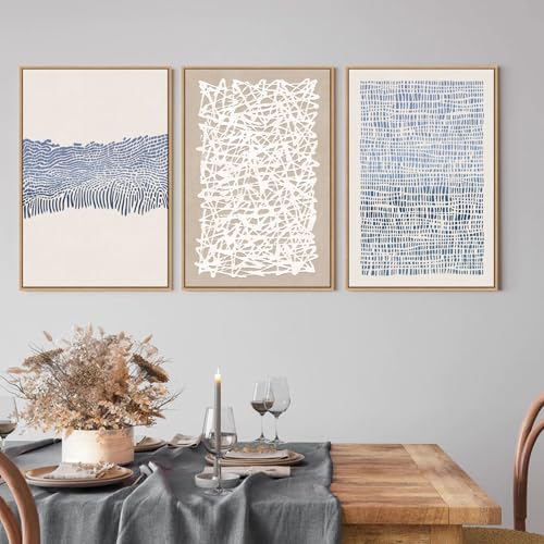 Blue and Neutral Mid-Century Boho Wall Art Set - 3 Panels 16x24 Framed