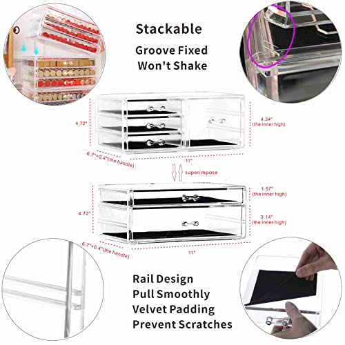 Cq acrylic 2 Pack Clear Stackable Storage Drawers for Vanity,Stackable 6 Drawers Desktop Organizer With Drawers,Cute Desk Storage for Office,Jewelry,Hair Clip,Beauty,Skincare and Make Up Organizers