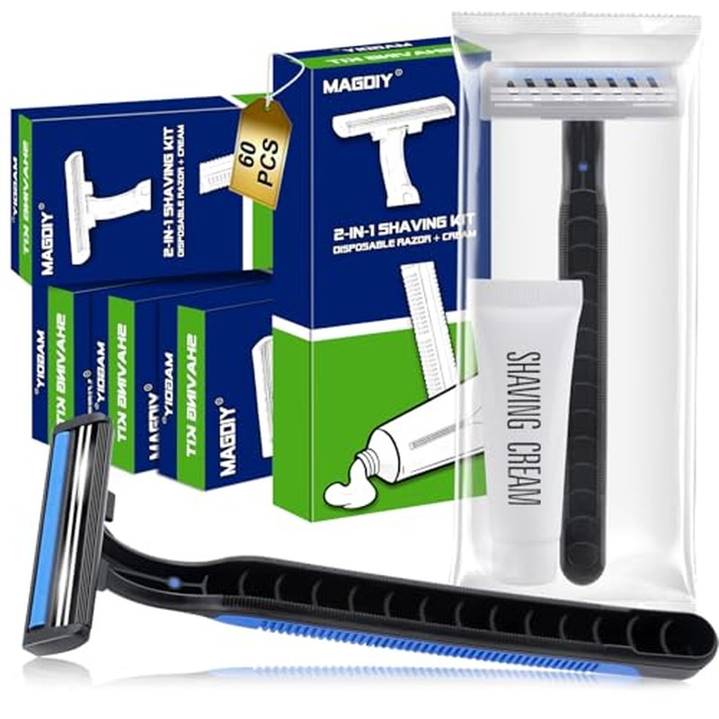 60 Pack Disposable Razors Bulk with Shaving Cream (10g) for Men, Shaving Kit for Men, Twin Blade Disposable Razors and Travel Cream, Individually Wrapped Toiletries for Homeless Shelter Hotel
