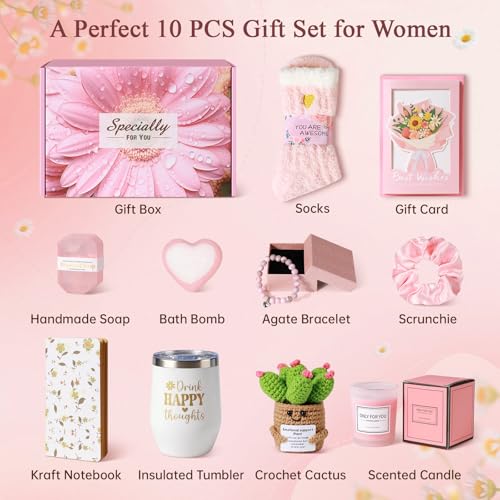 Spa Gift Set for Women - Pink Self Care Gift Box with Tumbler & Bracelet