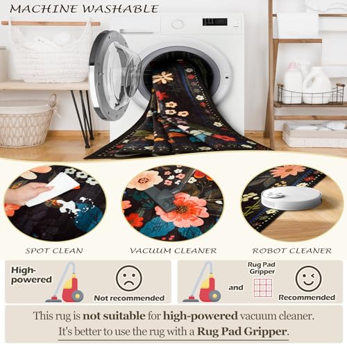 Floral Washable Area Rug 8x10 Black - Non-Slip, Pet-Friendly, Machine Washable