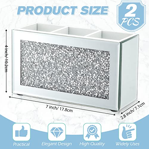 Mirrored Makeup Brush Holder with Crushed Diamond 3 Slots - Vanity Organizer