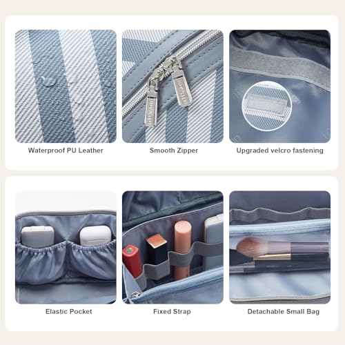 BOYATU Travel Makeup Bag Cosmetic Bag for Women: 3 Pcs Set Make up Bag with Compartments - Waterproof Vegan Leather Toiletry Bags with Handle - Makeup Organizer for Travel Essentials(A-1-Blue)