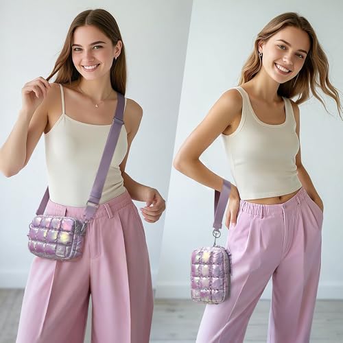 Quilted Cosmetic Bag, Puffer Makeup Bags, Crossbody Purses for women,Cute Travel Toiletry Bag for Women (Dazzling Light Purple)