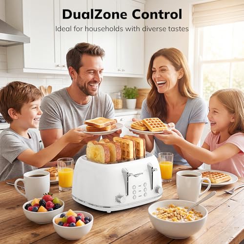 Keenstone 4-Slice Retro Stainless Steel Toaster White - Dual Controls & Wide Slots