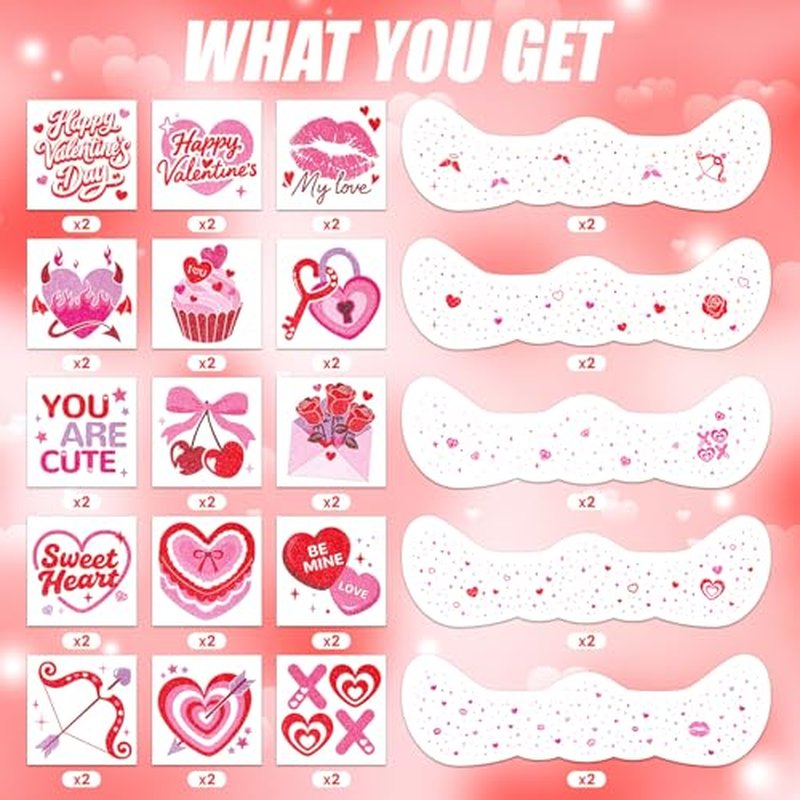 Cerlaza Valentines Day Accessories, 40 Pcs Valentines Temporary Tattoos Heart Glitter Freckles Face Stickers Makeup for Woman, Valentine's Day Trinkets Decorations Party Favors Goodie Bag Stuffers