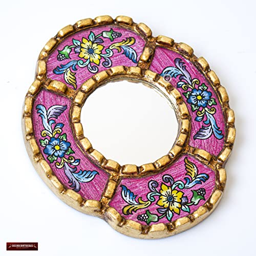 Peruvian Mirror Wall - Handmade Reverse Painted Glass Art - Elegant Miniature Oval Mirror for Gallery Wall - Unique 6" x 5.1" (Pink)