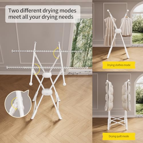 White Foldable Clothes Drying Rack with Adjustable Length - Indoor & Outdoor Laundry Organizer