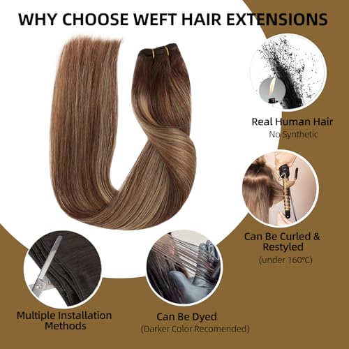Frealhd 18 Inch Balayage Chocolate Brown to Caramel Blonde Remy Sew-In Hair Extensions - 110g Double Weft