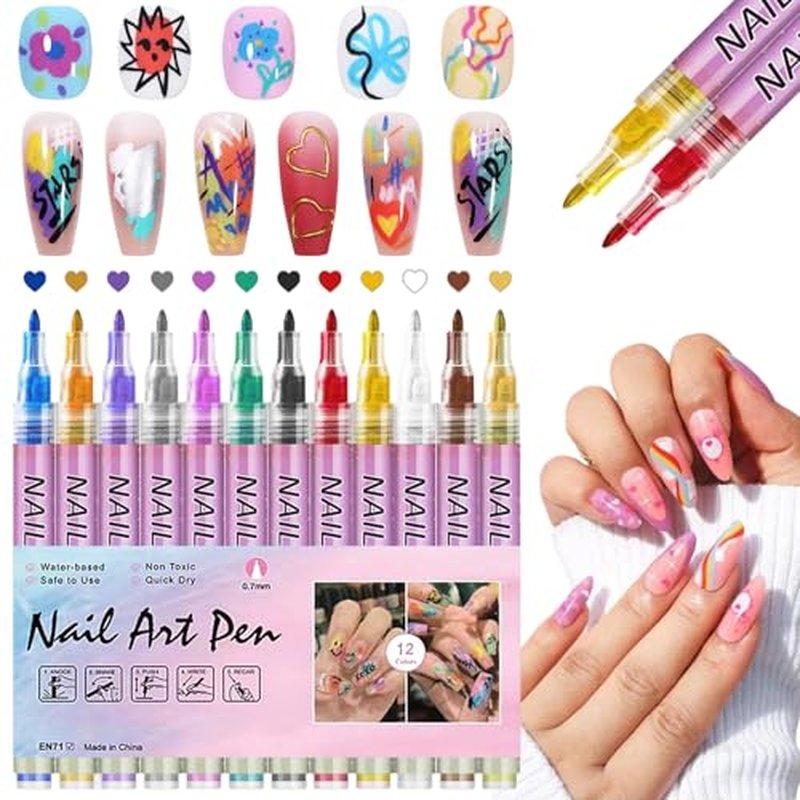 12 Colors Nail Art Pens Set, 2026 New 0.7MM Nail Art Markers Quick-Drying Nail Polish Pens for Home & Salon Nail DIY, Nail Art Tools for Dotting Drawing Painting Point Liner DIY (1 Set) (12 Colors-46)
