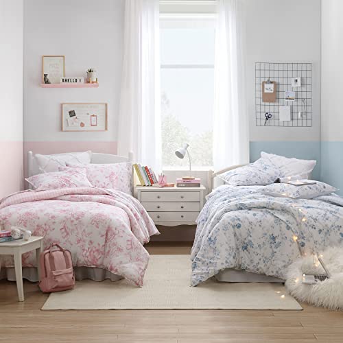 Laura Ashley Belinda Chambray Blue Queen Comforter Set with Shams - Reversible Cotton Bedding